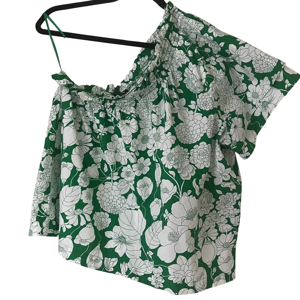 NWT J. Crew One-Shoulder Top Green and White Floral Sz L Smocked Neckline
